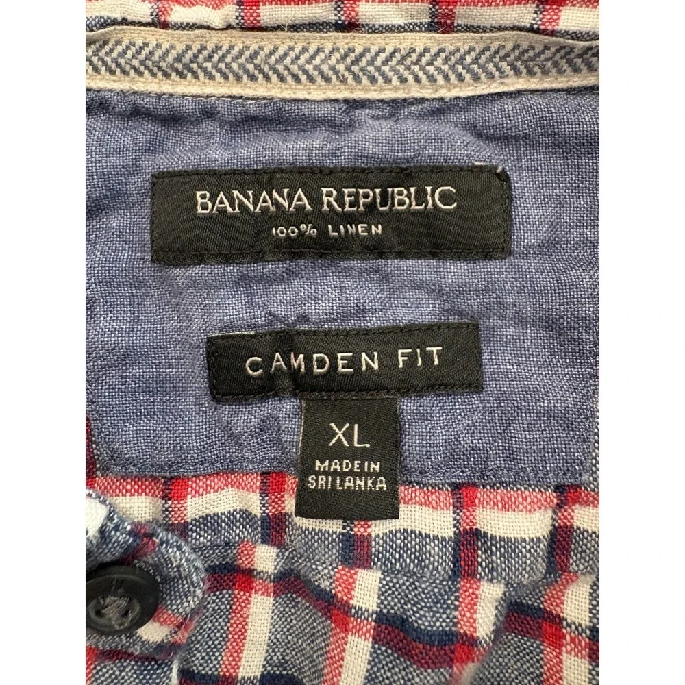 Banana Republic Men's Shirt XL 100% Linen Short Sleeve Camden Fit Red/white/blue